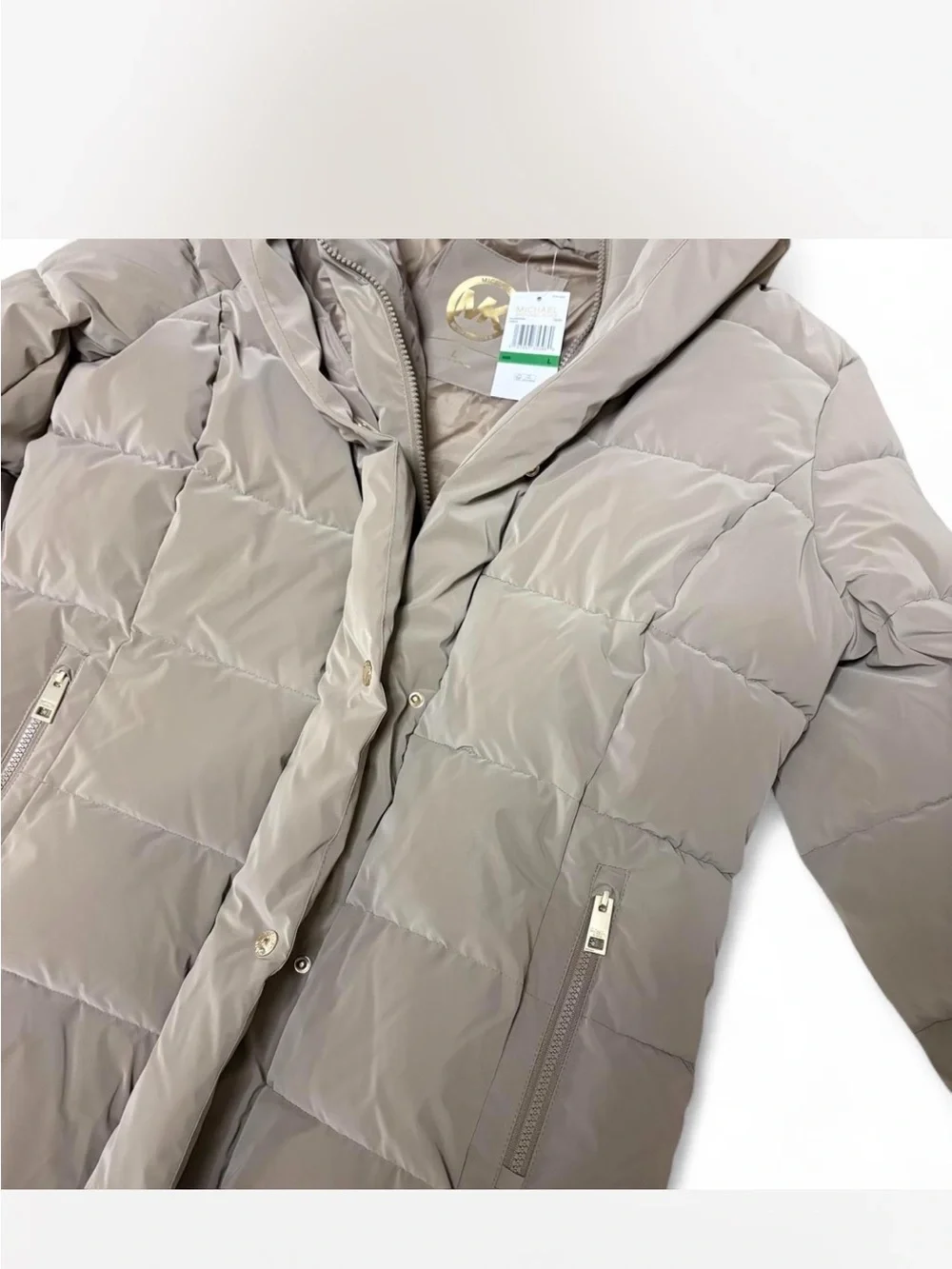 Michael Kors Quilted Puffer Coat with Hood in Taupe with Gold Zippers Size L NWT